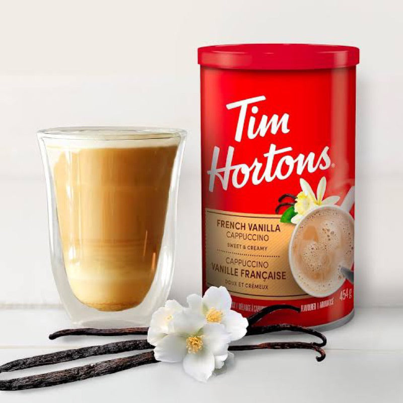 Tim Hortons French Vanilla Cappuccino 454g in a canister